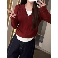 Early autumn new fat mm slimming waist-hugging base shirt fake two irregular hooded long-sleeved T-shirt top