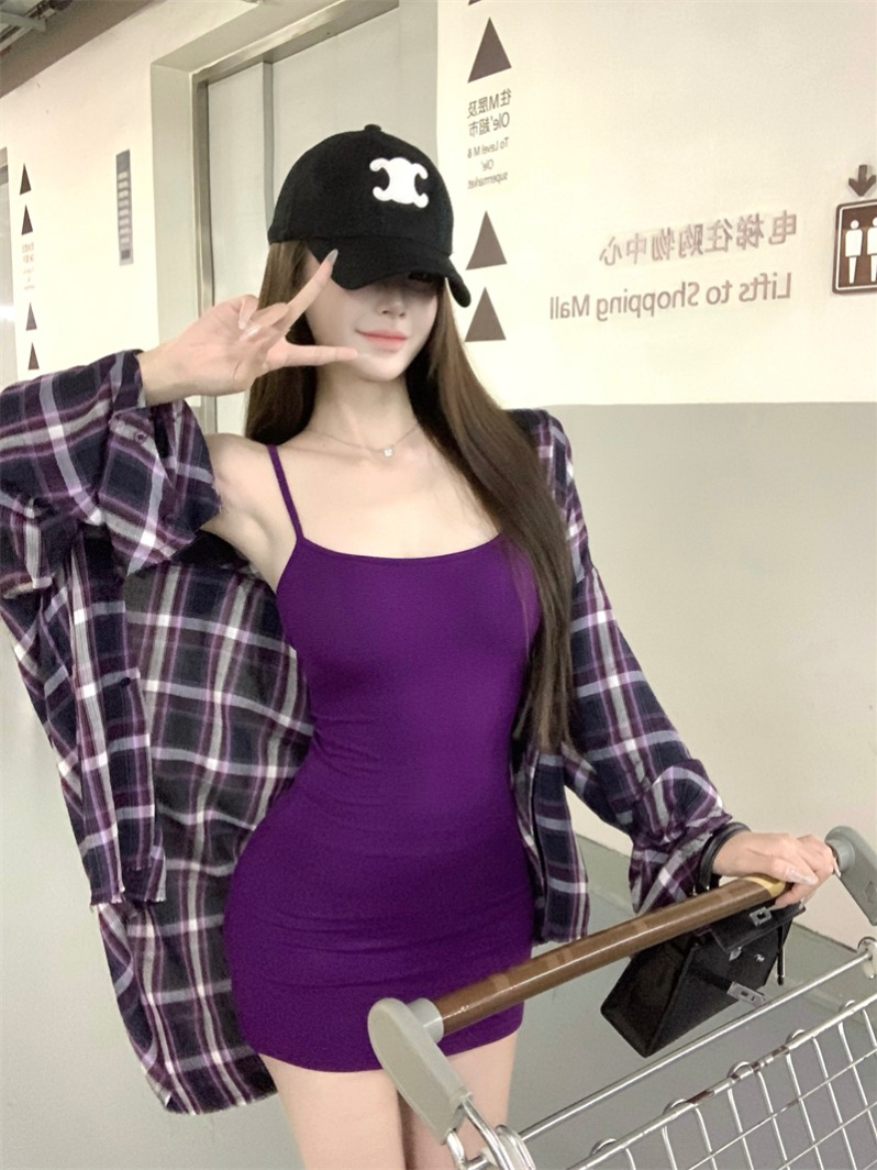 Real shot~ Purple suspender dress for women's spring and summer hot girls' sexy fishing skirt tightly showing off their figure