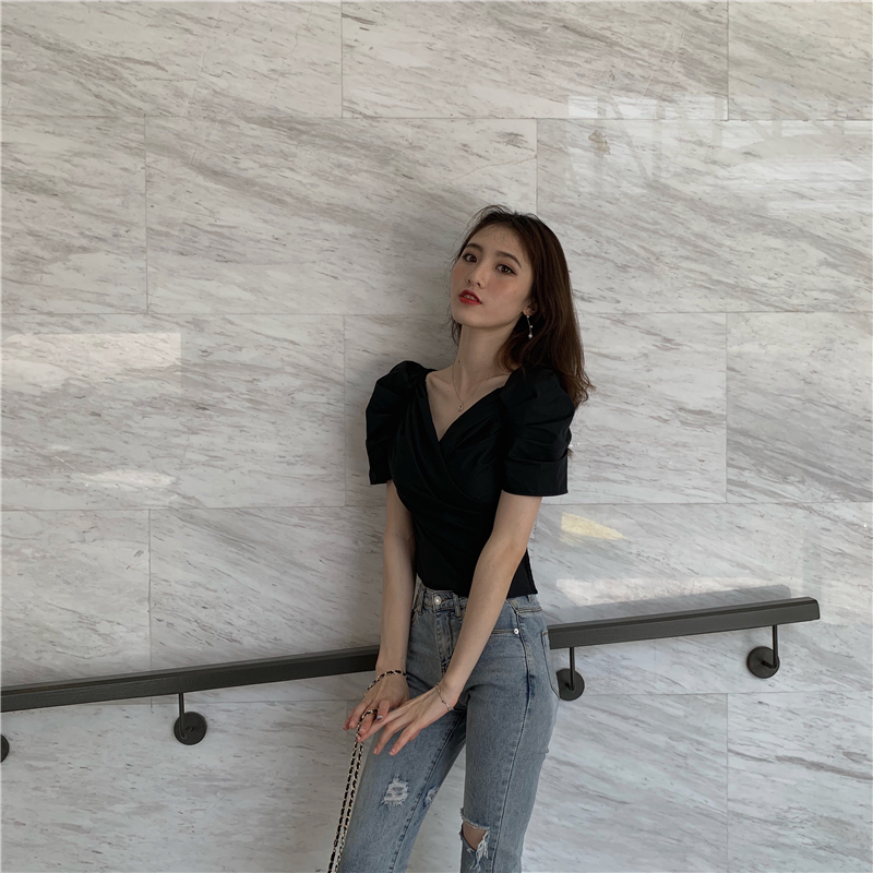 Real shot of princess puff sleeve waist short short sleeve T-shirt shirt top for women