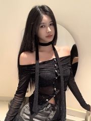 Real time Korean version of slim and slim design shiny one-shoulder hot girl long-sleeved T-shirt base shirt top