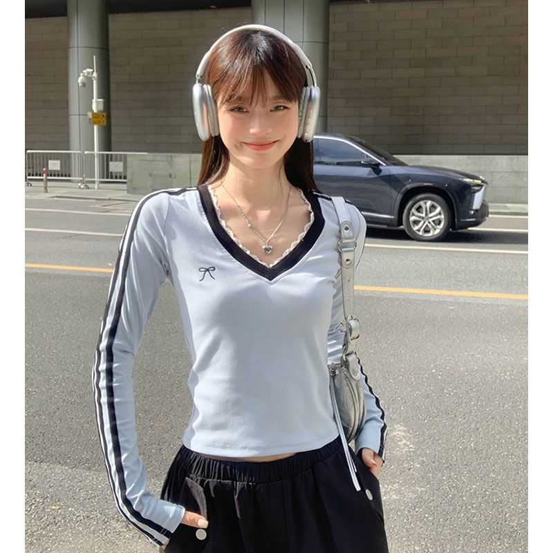 Original quality - soft lace bow V-neck long-sleeved T-shirt for women for autumn short slim body