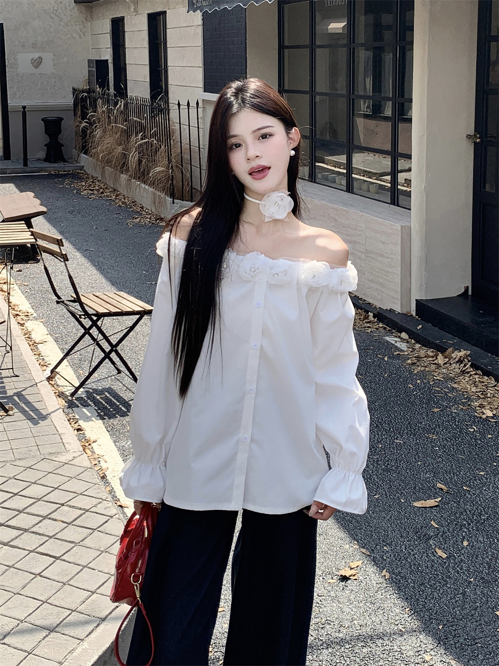 Real shot of spring French sweet flowers decoration one-shoulder white shirt women's long-sleeved temperament loose top