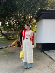 Real photo Korean simple lace embroidered sleeveless layered long vest dress