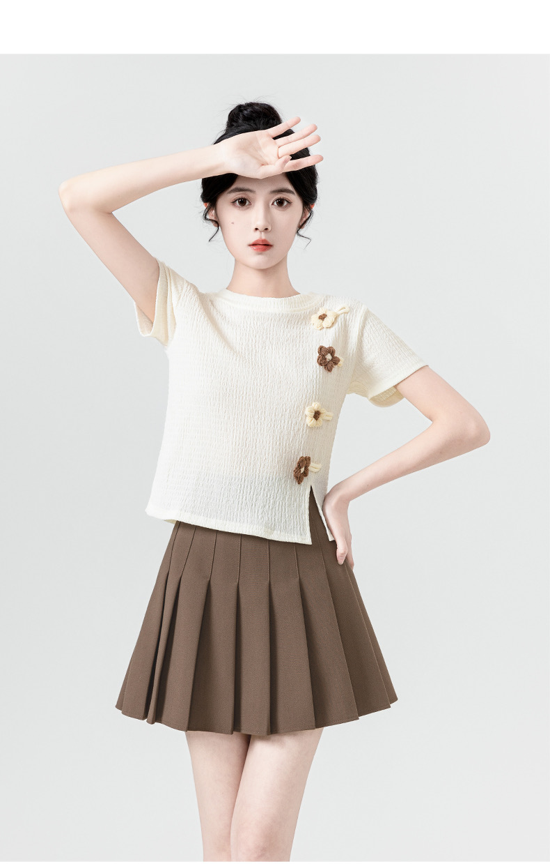 Bamboo wrinkled jacquard summer new style front shoulder small slit design round neck short-sleeved T-shirt for women