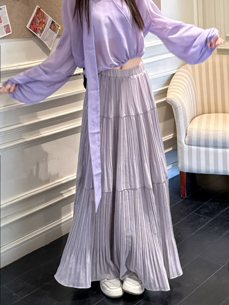 Real shot of spliced ​​pleated skirt for women mid-length spring ballet style high waist cake skirt slim A-line skirt