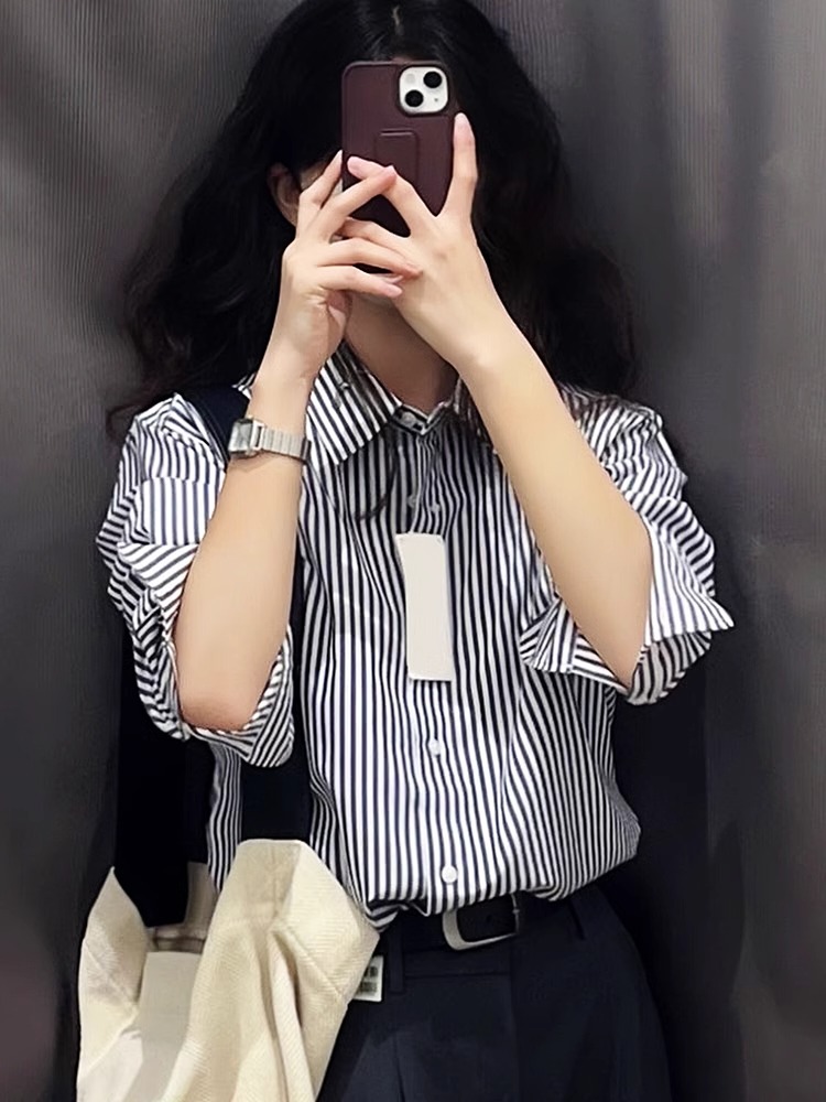 Cotton 70 brocade 27 spandex 3 early spring layered striped shirt light luxury shirt design sense high-end vest top