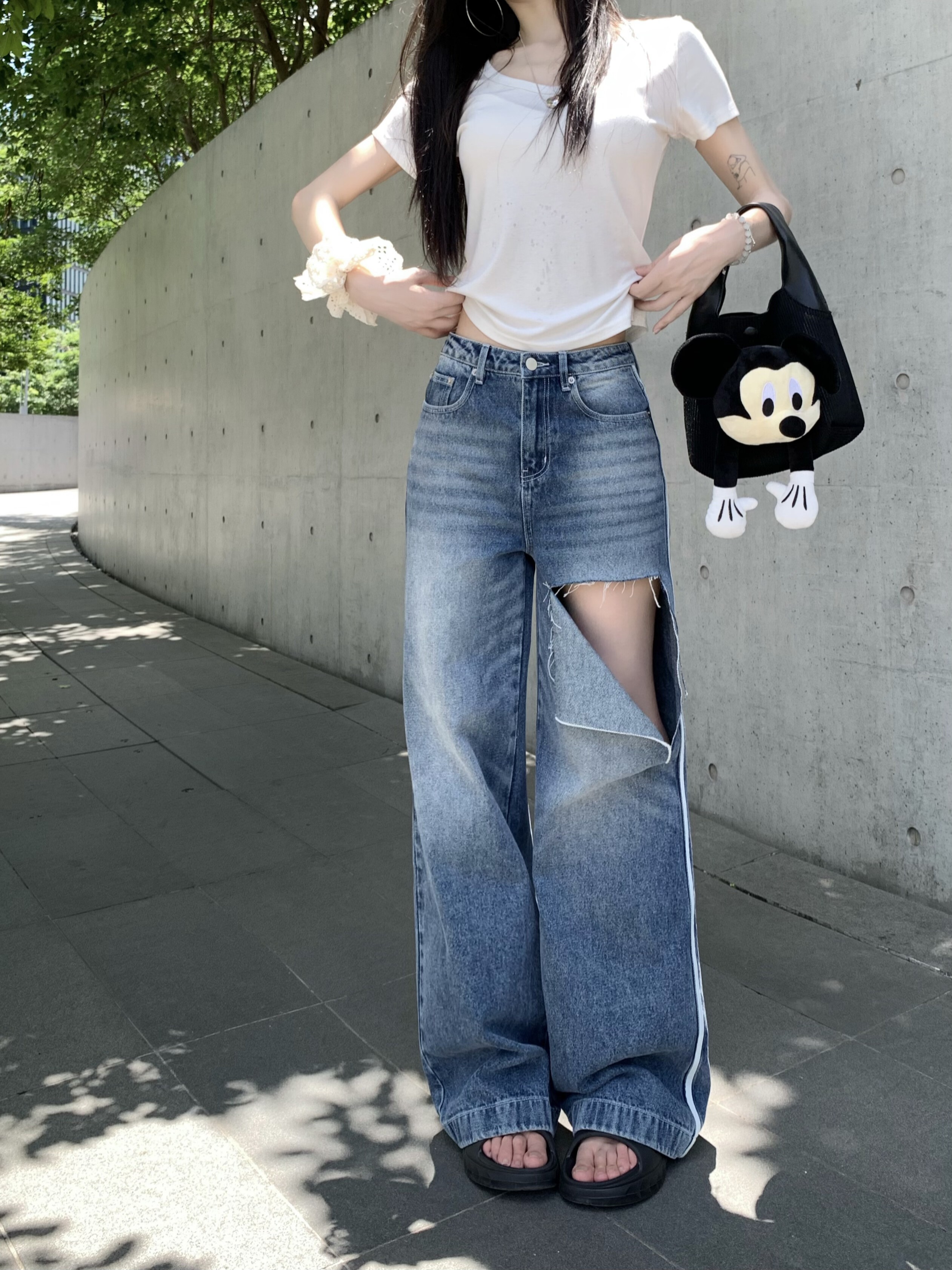 Real shot!  Fashionable jeans for women contrasting color webbing large ripped cotton straight wide-leg trousers trendy