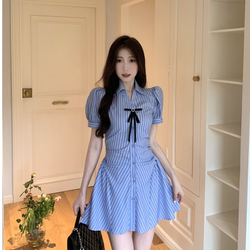 French blue striped dress for women in summer fat mm design niche belly-covering and slimming shirt skirt suit