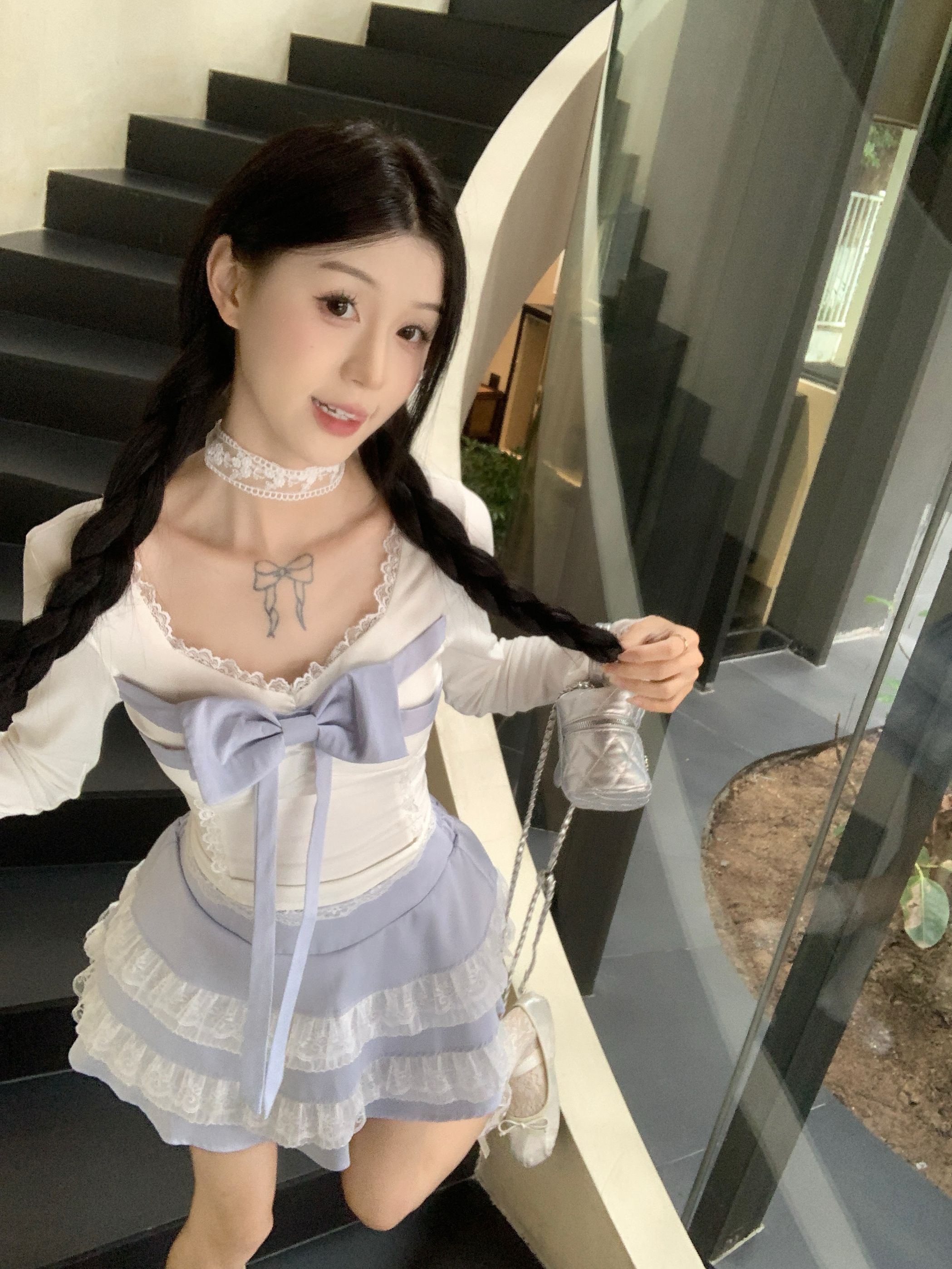 Real shot 2025 new pure ballet style bow tied square collar top for women lace cake skirt set