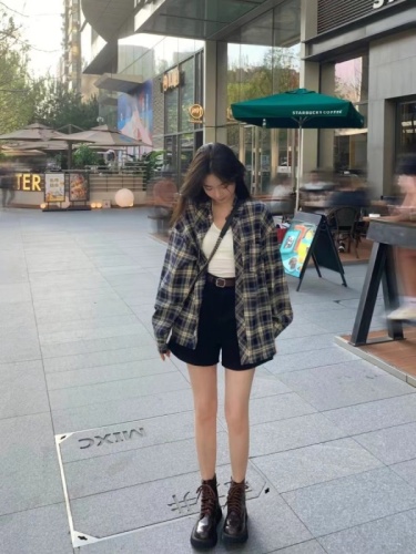 2025 spring and summer original plaid plaid shirt women lazy style retro loose shirt cardigan jacket top