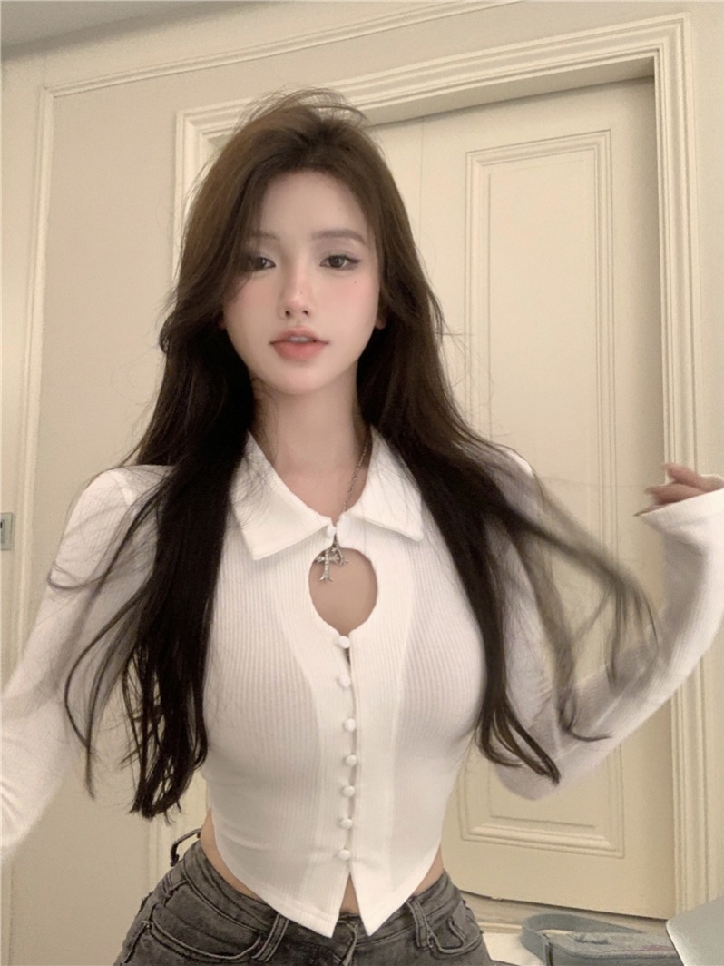 Real shot~ Pure lustful polo collar long-sleeved T-shirt for women with high-end slim fit and short hollow top