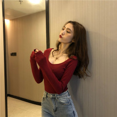 Real shot Korean version of sexy backless hollow base shirt for women long-sleeved T-shirt slim top