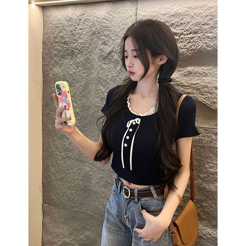 Foreign trade original summer new ribbed fake two-piece short-sleeved T-shirt slim short gentle style chic top