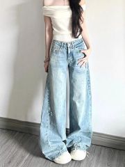 淺藍色大褲腳磨破牛仔褲女春季新款寬鬆闊腿顯瘦直筒喇叭拖地長褲