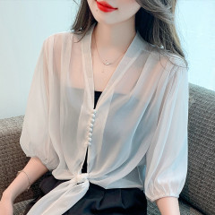 Shipped 2025 spring and summer real shot large size new V-neck loose strap chiffon cardigan for women