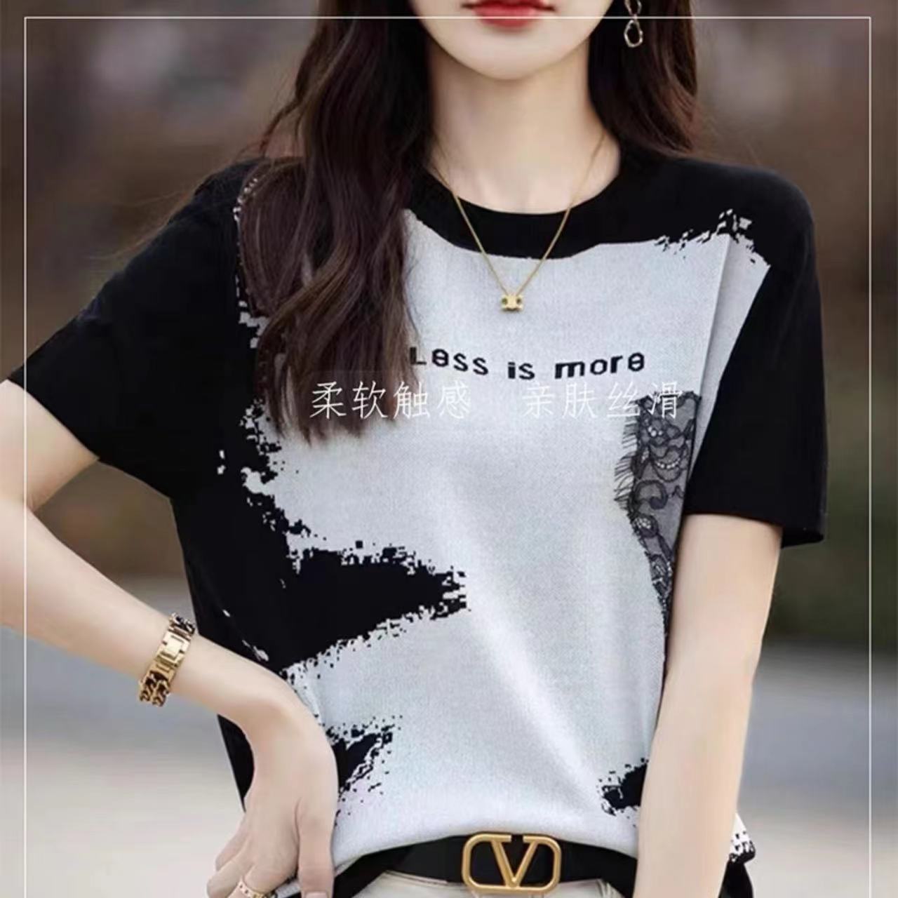 French black and white floral short-sleeve knit women's T-shirt 2025 summer new casual round neck loose top