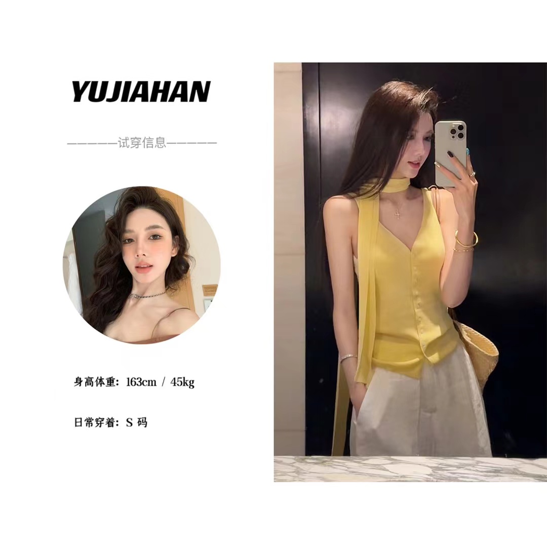 Design-sensory yellow V-neck suspender vest suit summer niche slim single-breasted knitted top
