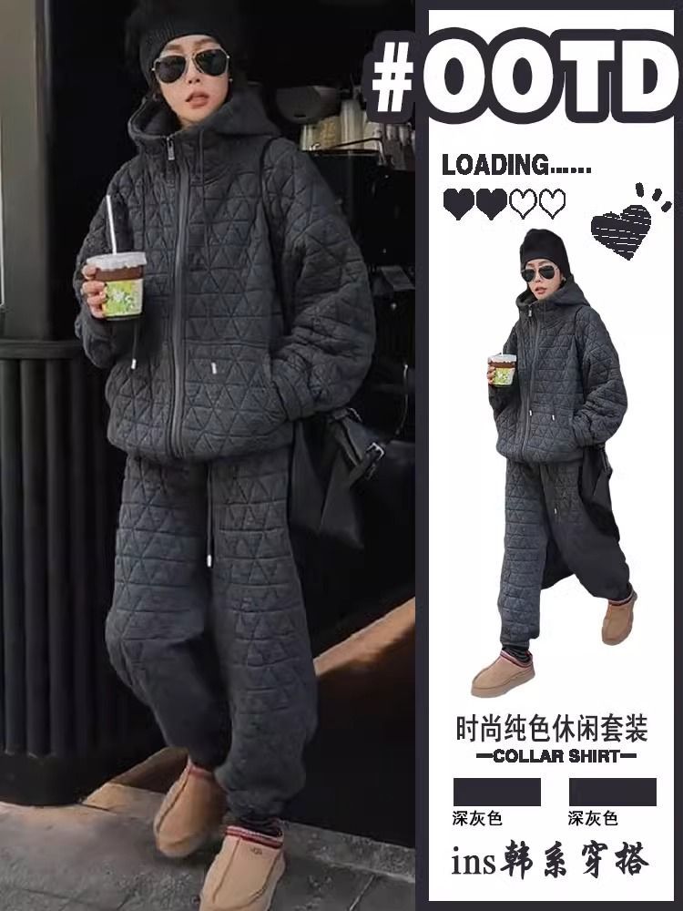 純棉歐貨歐貨休閒棉服套裝女冬季加厚衛衣外套運動束腳褲兩件套