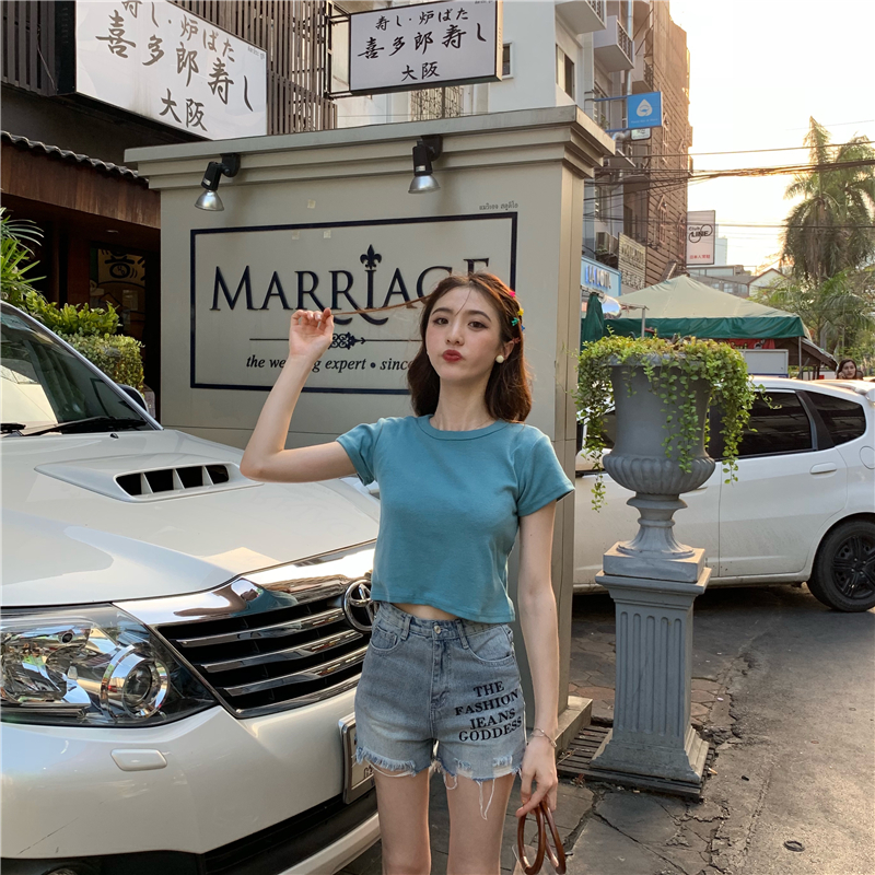 Real photo of solid color short versatile casual bottoming short-sleeved T-shirt top for women