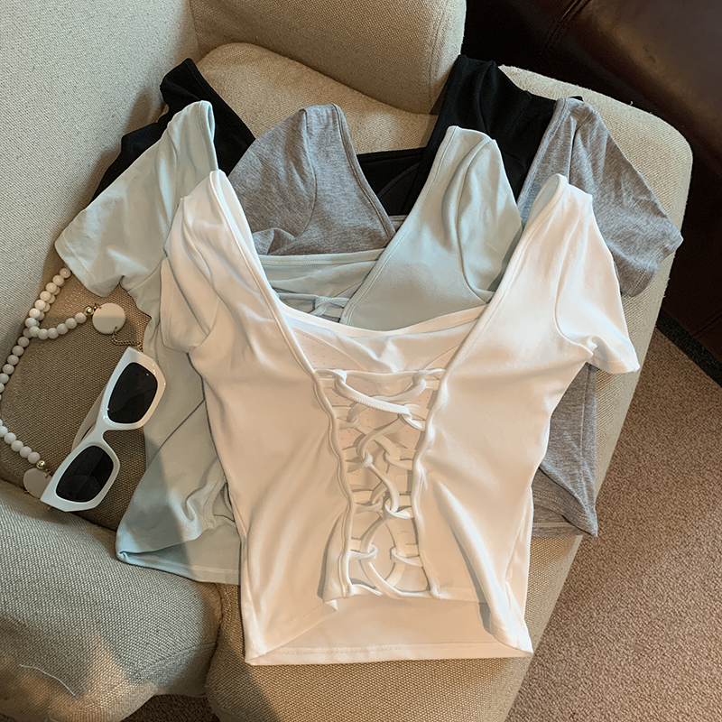 Real shot Square tie chest pad short sleeve T-shirt for women's summer backless lace-up short blouse