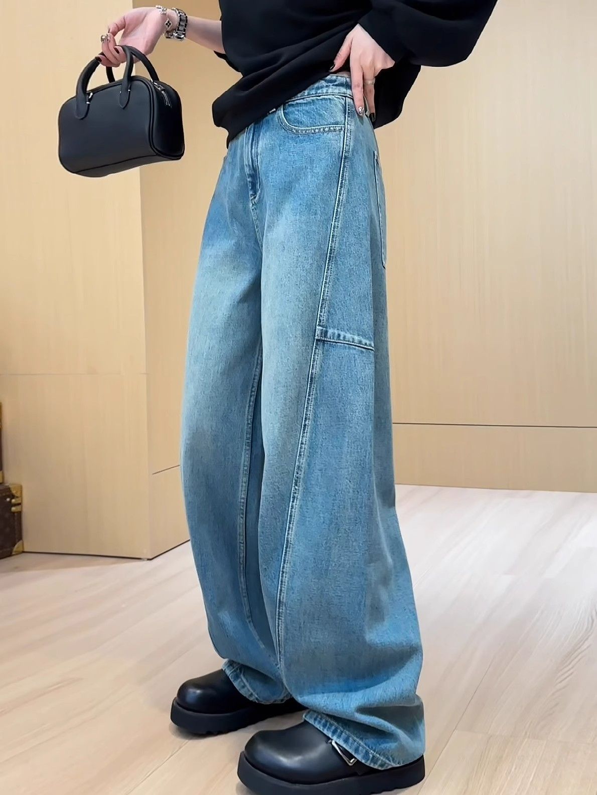 歐貨藍色立體剪裁線條感腔調牛仔褲女春季新款寬鬆百搭闊腿褲