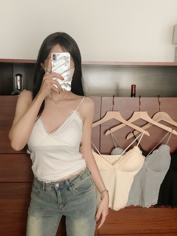絨吊帶背心女秋冬白色v領打底內搭美背蕾絲花邊帶胸墊上衣