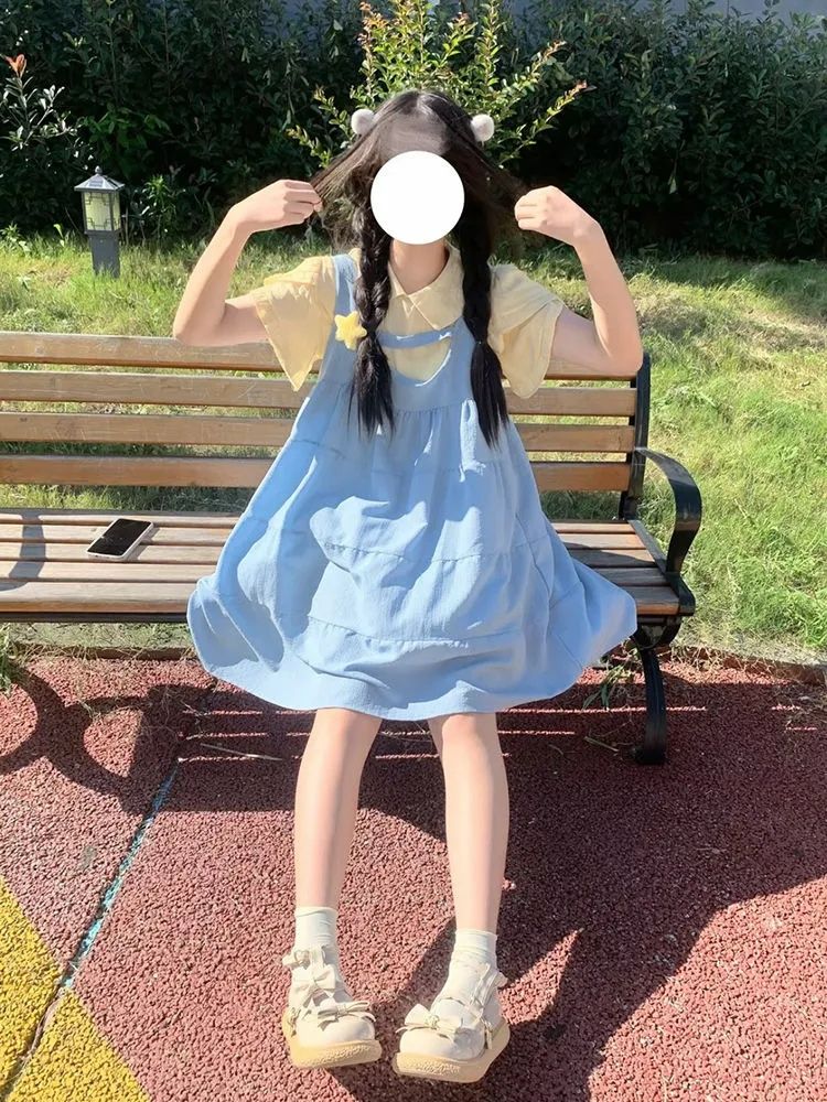 College style dress for women in summer new strap skirt gentle sweet doll collar shirt two-piece A-line skirt
