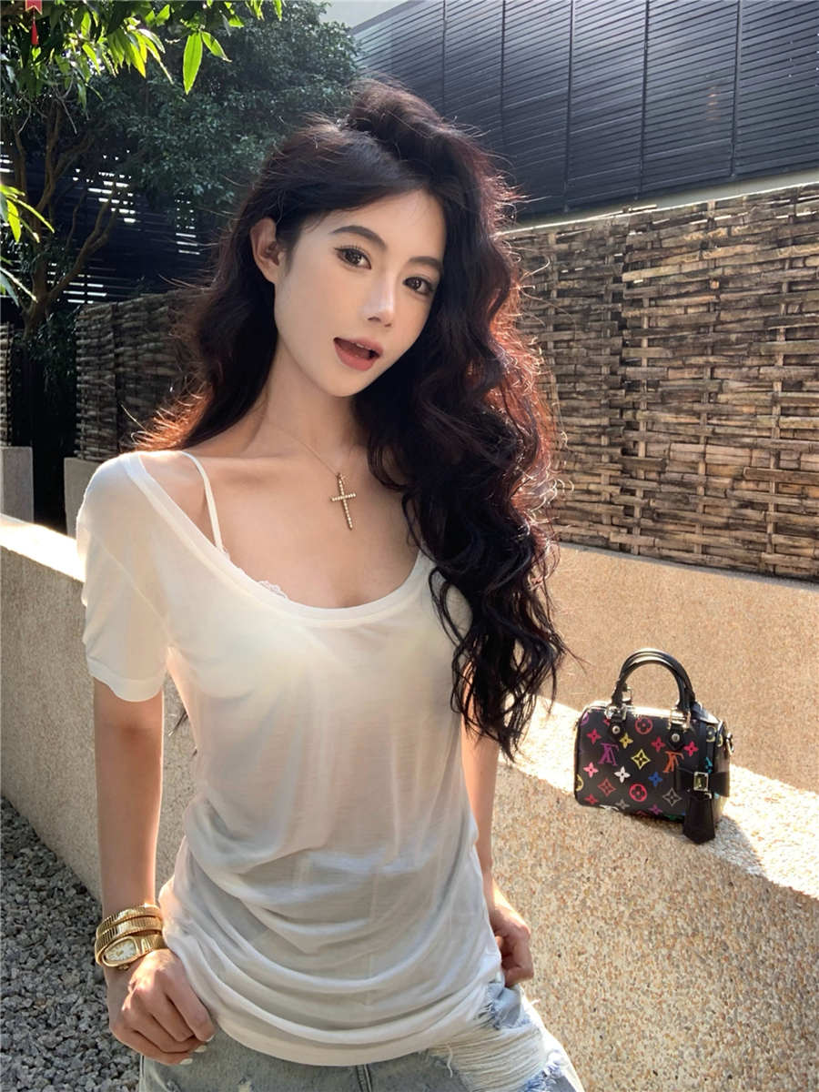 Real-life basic three-color slightly transparent loose short-sleeved T-shirt for women