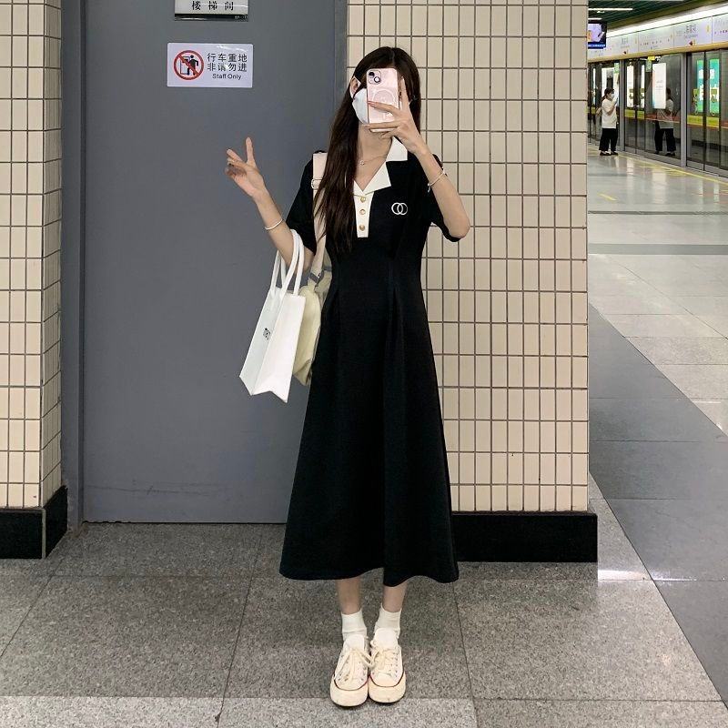 New summer pure academy style waist-closing POLO neck short-sleeved design black long skirt A-line skirt for women