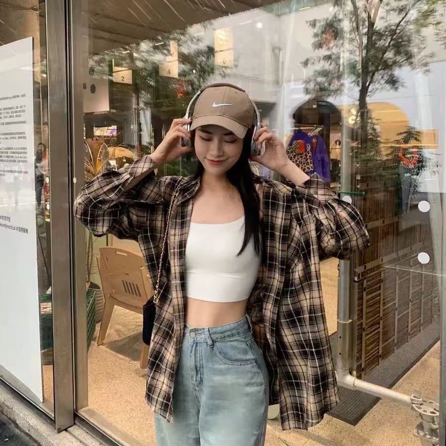 Retro plaid shirt for women Korean style spring and autumn design thin jacket loose lazy style versatile shirt