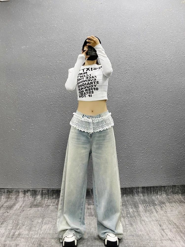 KAKAMEE Spring New Washing Craft Spliced ​​Lace Skirt Hem Border Wide Leg Jeans Women