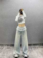 KAKAMEE Spring New Washing Craft Spliced ​​Lace Skirt Hem Border Wide Leg Jeans Women