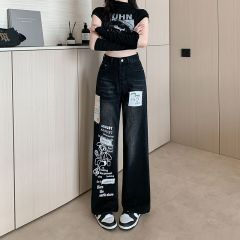 Real shot~ Black graffiti American jeans Spring new style design feel loose straight high waist wide-leg pants