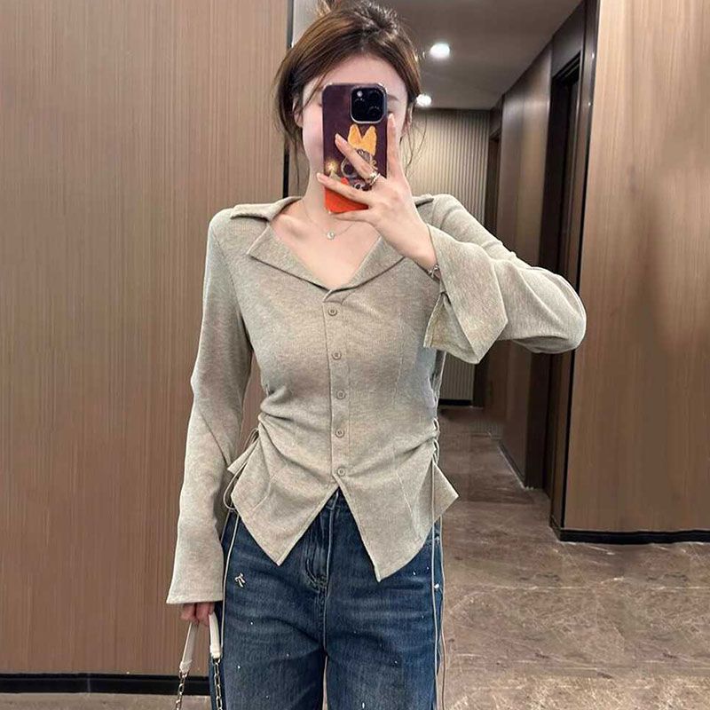 Original fabric original workmanship design sense lapel long-sleeved T-shirt women's new early autumn slim top