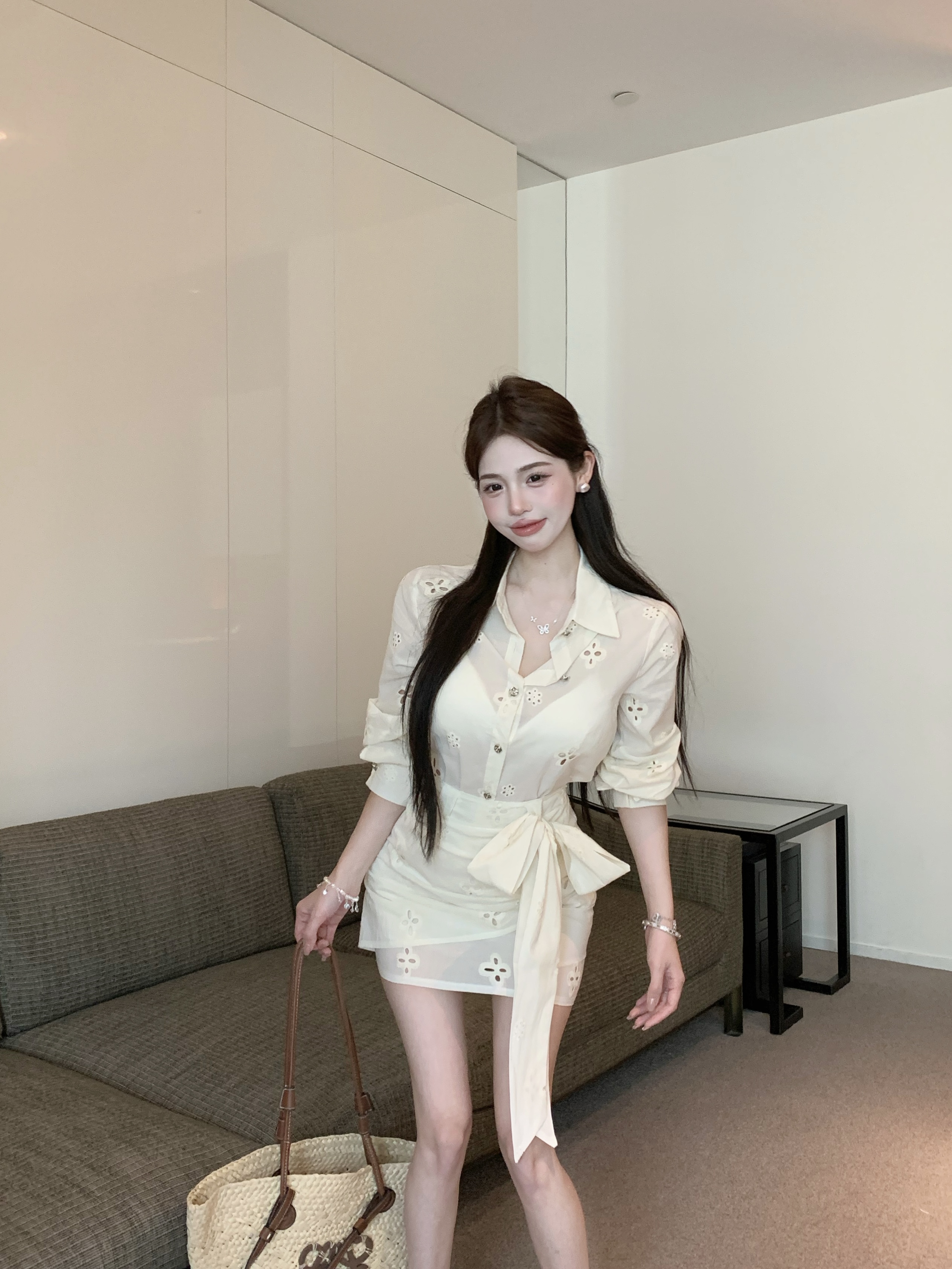 Real shot!  French temperament hollow design solid color single-breasted shirt dress niche hip skirt
