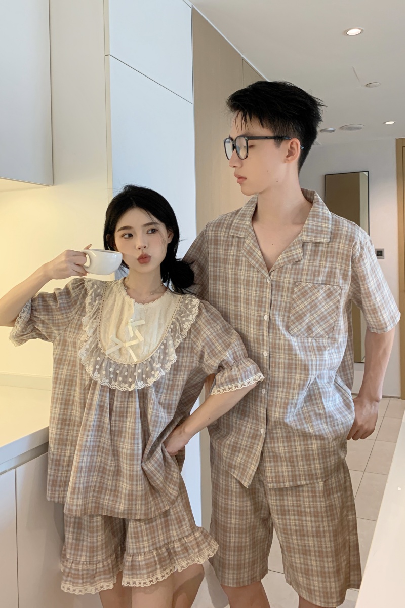 Real shot of Korean couples with cotton casual plaid summer sweet milky princess style home clothes suit night skirt
