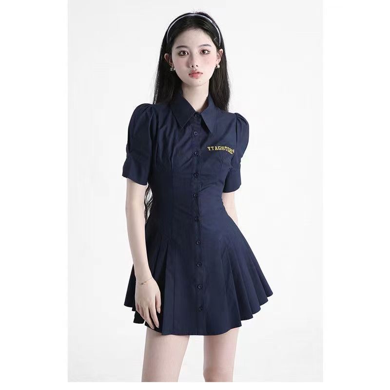 Best-selling college-style lapel dress slimming summer short-sleeved waist pleated high-end temperament-breasted A-line skirt