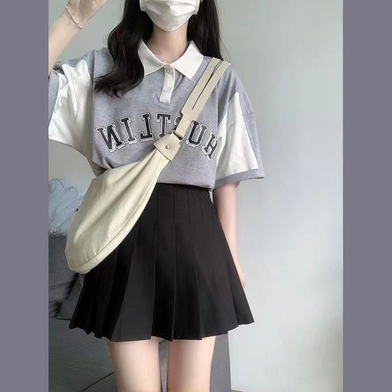 2025年新款後包領 韓系翻領短袖T恤女夏寬鬆polo領上衣