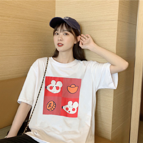 Korean foreign trade Korean version pink fresh cartoon mouse printed short-sleeved T-shirt for women loose sweet college style