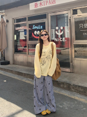 實拍 韓chic春夏簡約人手一件小狗印花長袖防曬T恤+格子休閒褲