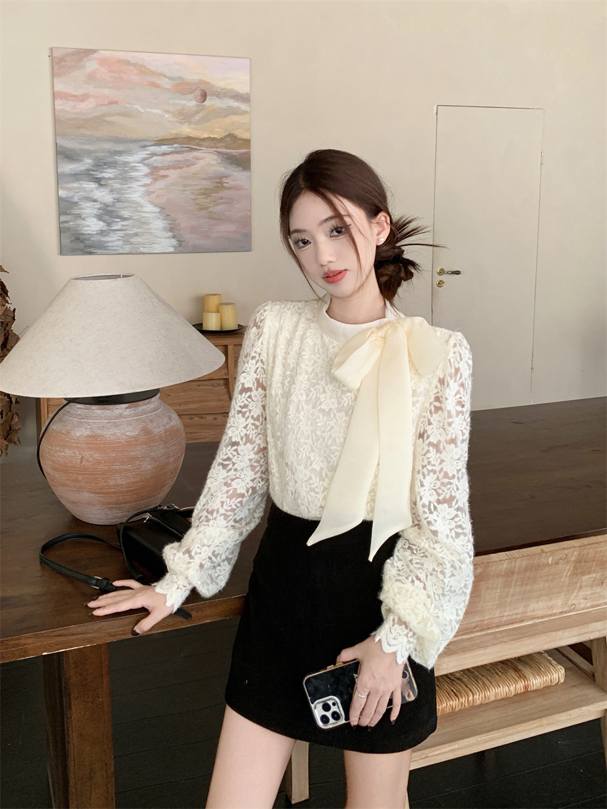 Real shot French lace lace bow jacquard lace spring new fashionable design puff sleeve top