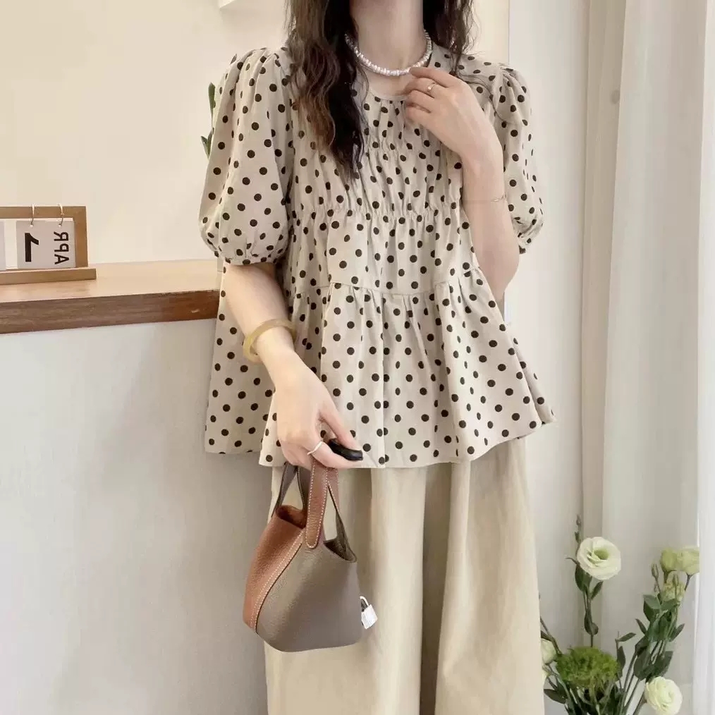 Summer new puff sleeve polka dot A-line cotton linen shirt European station women's clothing fashionable shirt M-4XL200 catties
