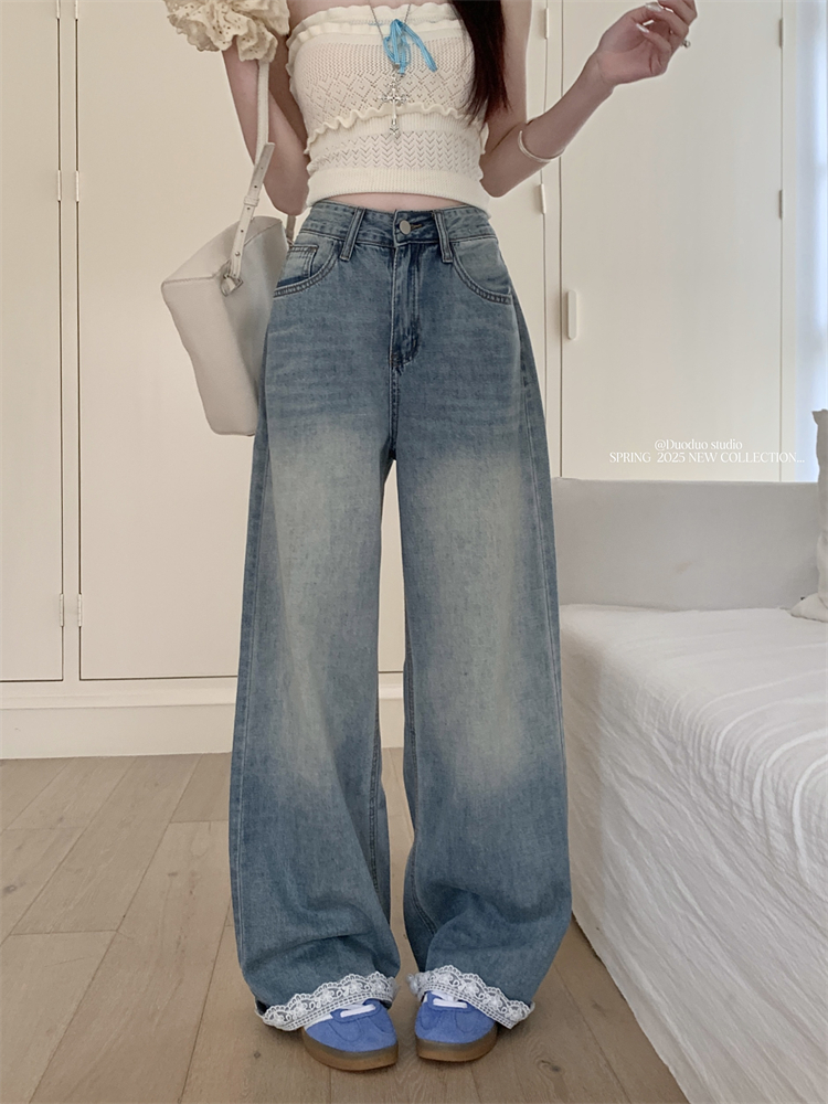 Real-life American retro lace splicing design wide-leg jeans for women with high waist slim straight-leg floor trousers