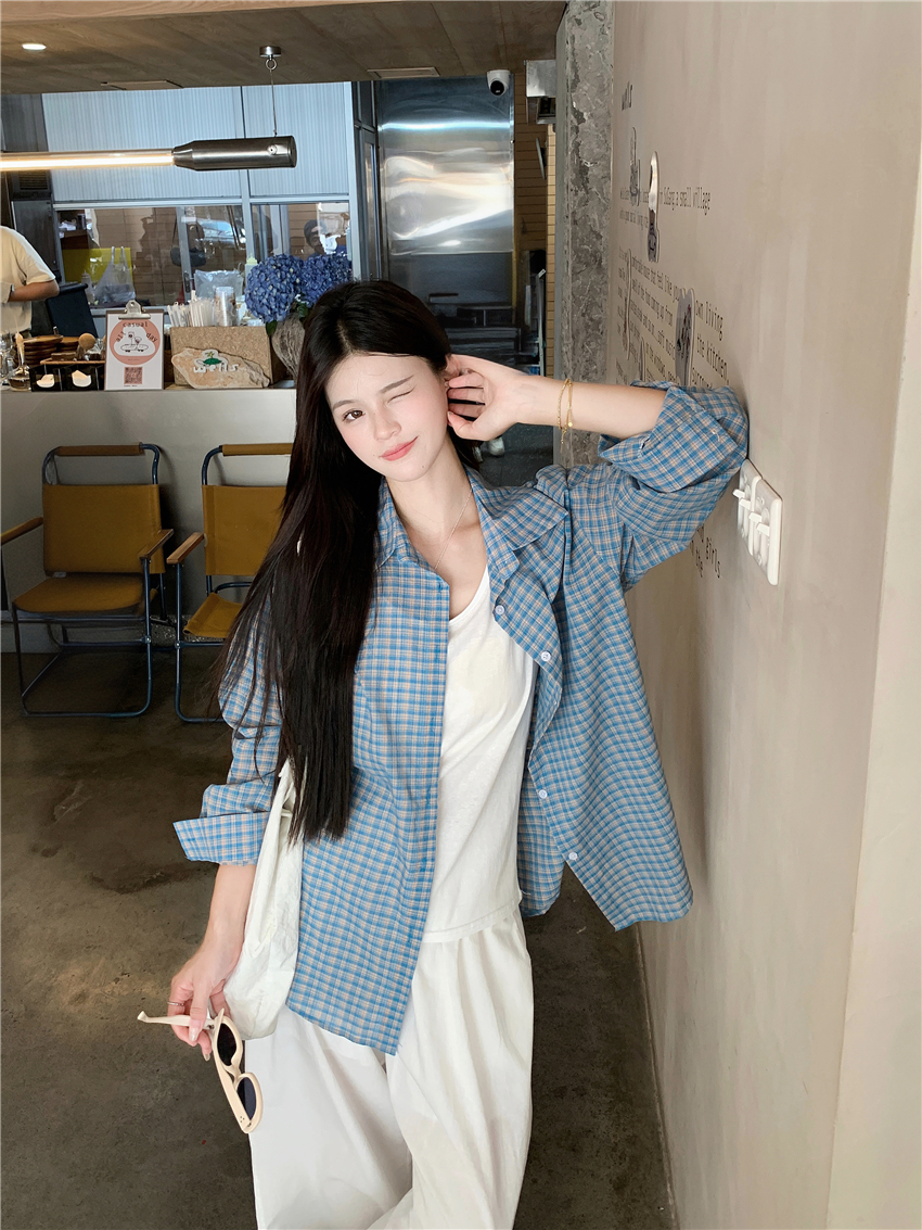 Real photo Korean loose shoulder shirt retro checkered long-sleeved shirt women's gentle style simple versatile top