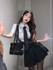 Sweet and spicy college style jk uniform suit blue hot girl short-sleeved shirt summer pleated fake two-piece dress