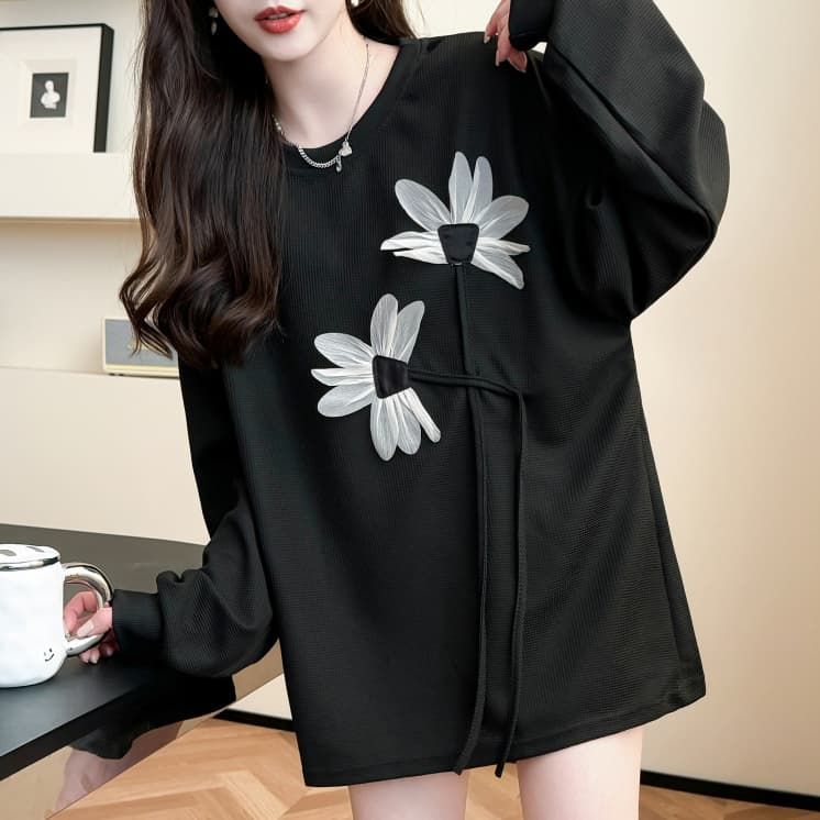 實拍薄款後包領仿棉華夫格新中式立體花朵長袖T恤女圓領衛衣