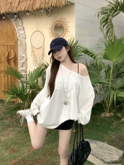 Real photo of a micro-transparent lace T-shirt for women, loose and slim long-sleeved inner bottom shirt top