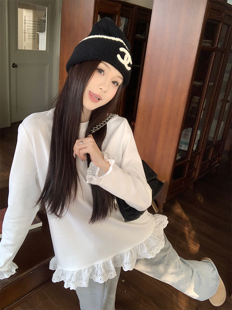 實拍 春季韓chic簡約拼接花邊長袖打底疊穿T恤