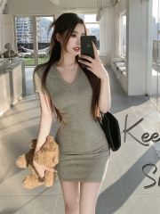 實拍  40支純棉210克92棉/8氨綸連衣裙女修身顯瘦v領