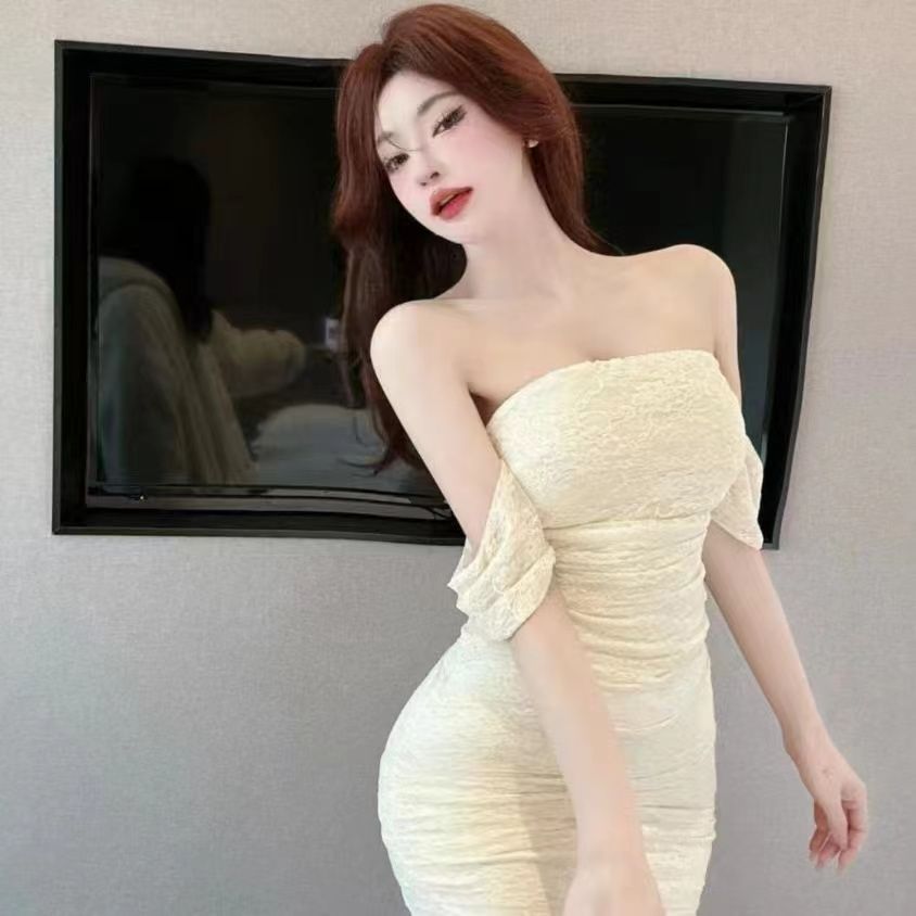 杏色純欲風一字肩連衣裙夏季新款辣妹小個子短款收腰顯瘦包臀裙